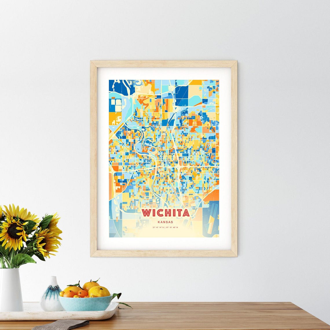 Wichita Kansas City Street Map Art Poster Blue Orange Coordinates - Image 2