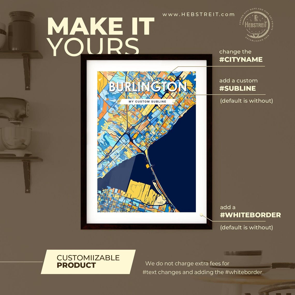 Burlington Canada Bold City Map Art Poster in Navy Orange and Yellow - Image 2