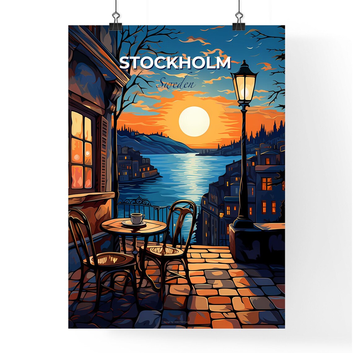 Stockholm Sweden Terrace Cafe Sunset Over Water Travel Poster - Image 4