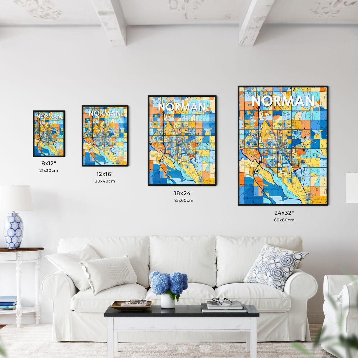Norman Oklahoma Vibrant Stylized Blue and Orange City Map Poster - Image 3