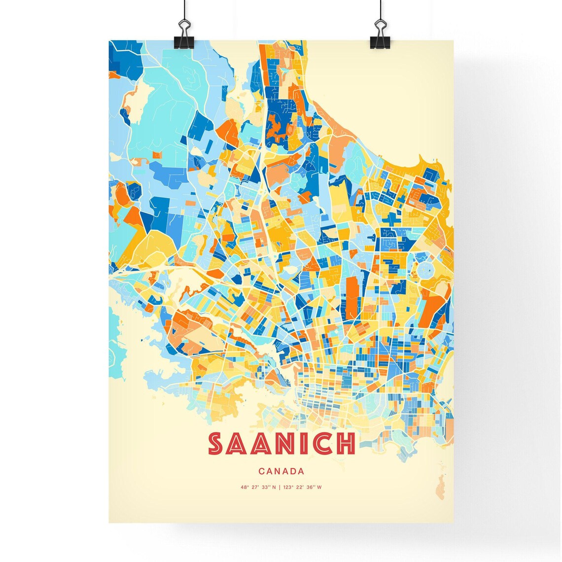 Saanich Canada Colorful Blue Orange City Map Art Poster with Coordinates - Image 3