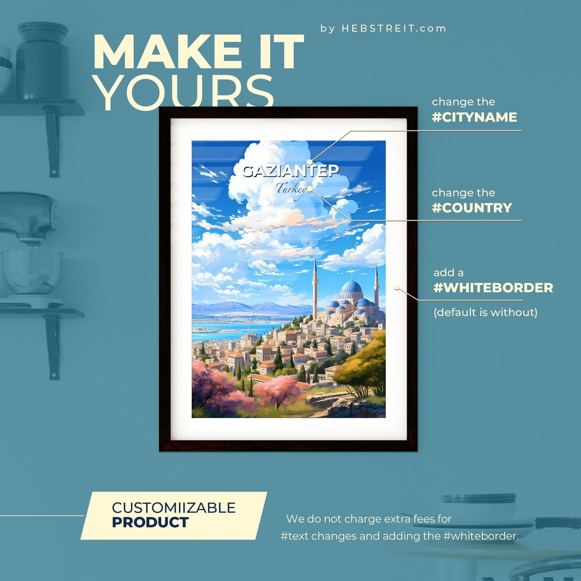 Gaziantep Turkey Blue Dome Mosque Hillside Travel Wall Poster Art - Image 2
