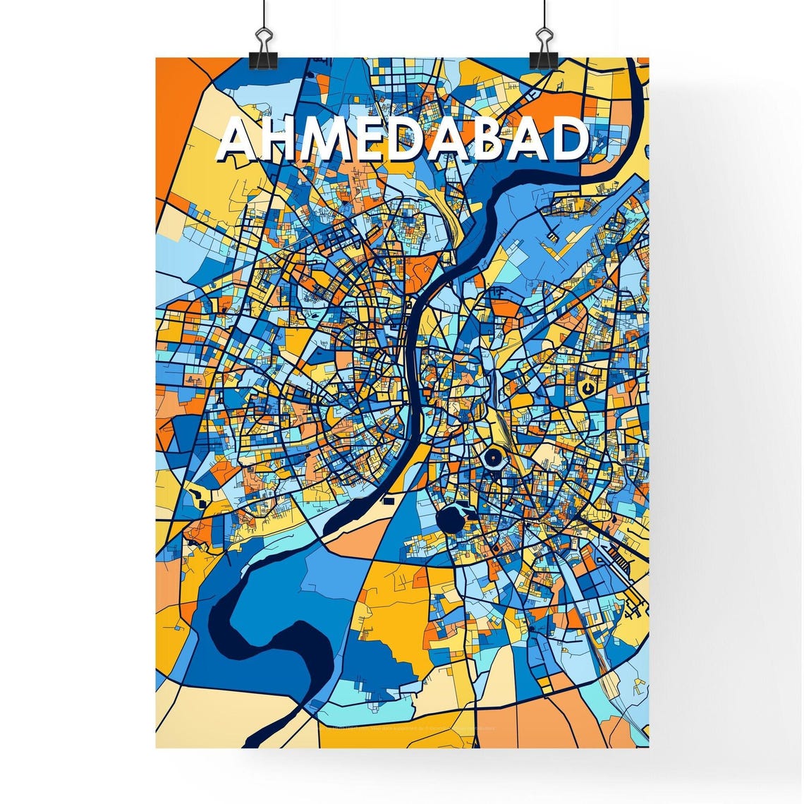 Ahmedabad India Stylish Vibrant Blue and Orange Mosaic City Map Poster - Image 4