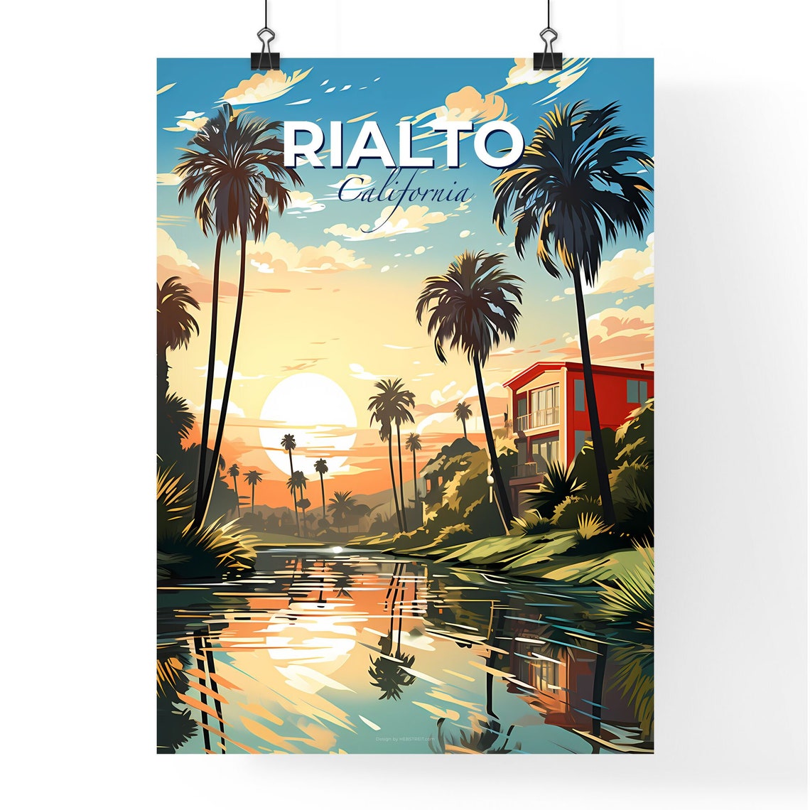 Rialto California Palm Tree Sunset Waterfront View Travel Poster - Image 4