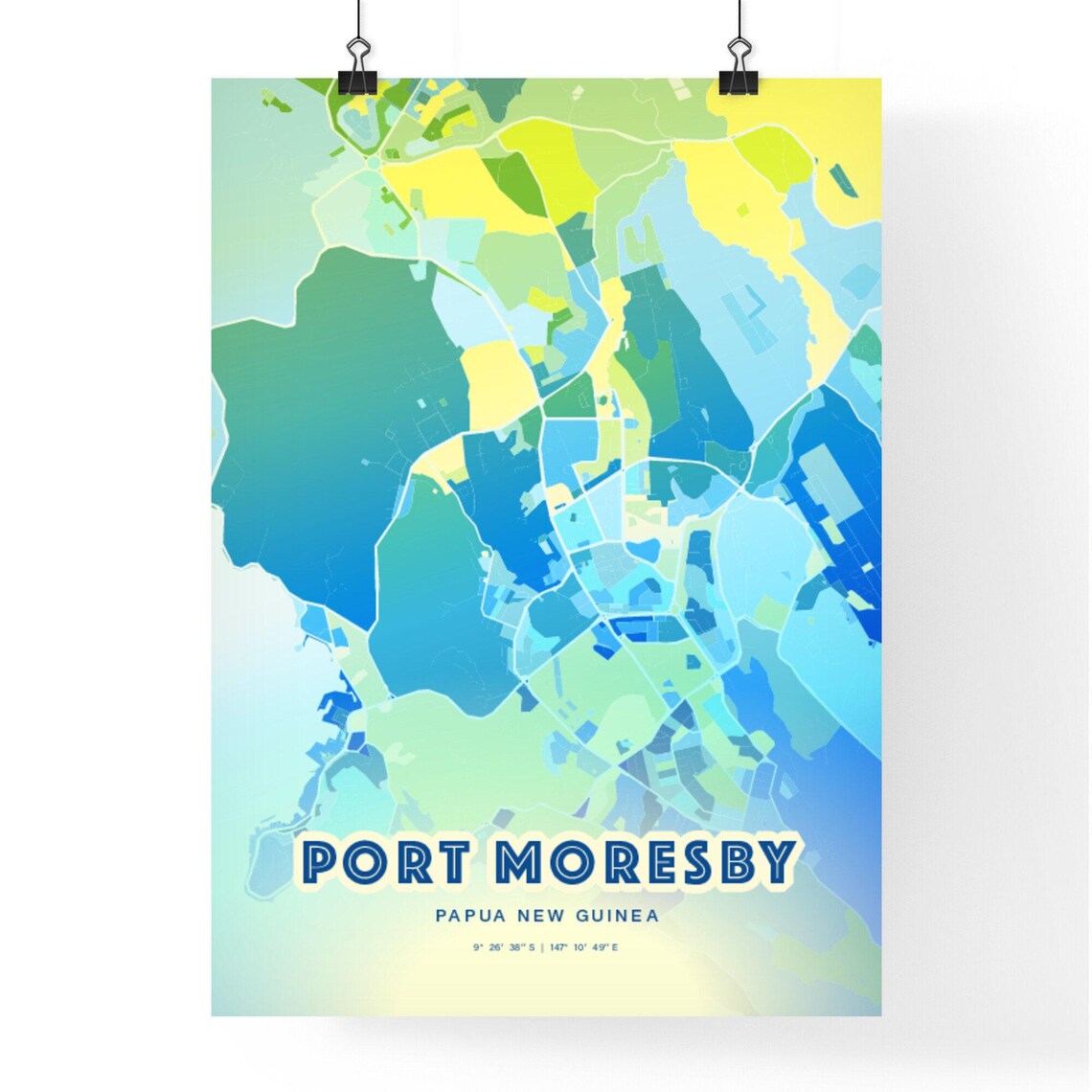 Port Moresby Papua New Guinea Pastel Blue City Map Art with Coordinates Poster - Image 3