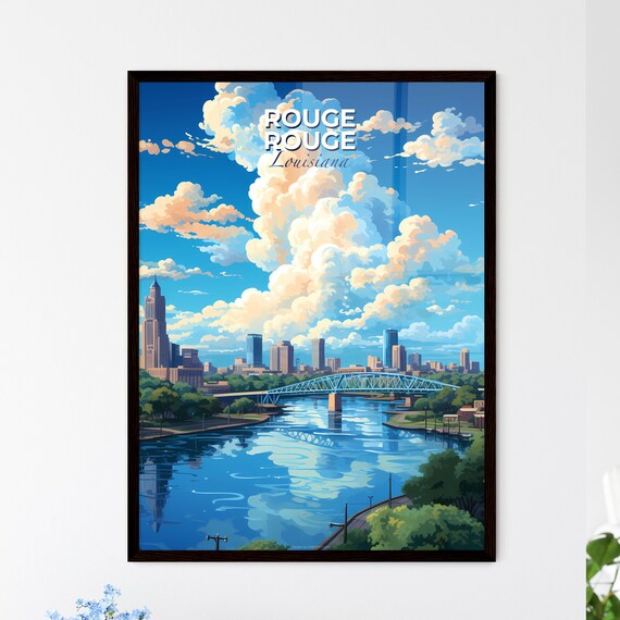 Baton Rouge Louisiana Skyline Travel Poster With River Bridge And Big Clouds