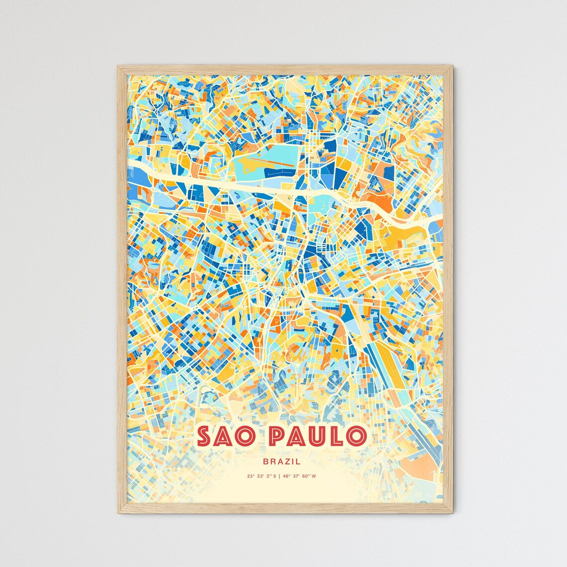 Sao Paulo Brazil City Map Art Poster Blue Orange Street Style