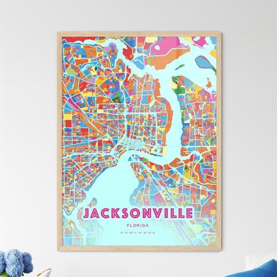 Jacksonville Florida Colorful City Map Art Poster in Pink and Turquoise