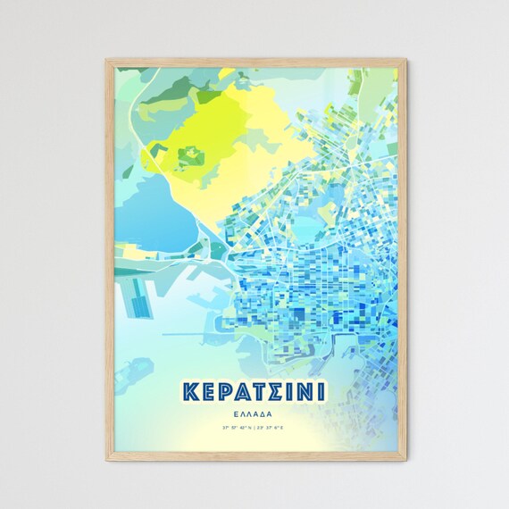 Keratsini Greece Customizable Bluish Art City Map Coordinates Poster