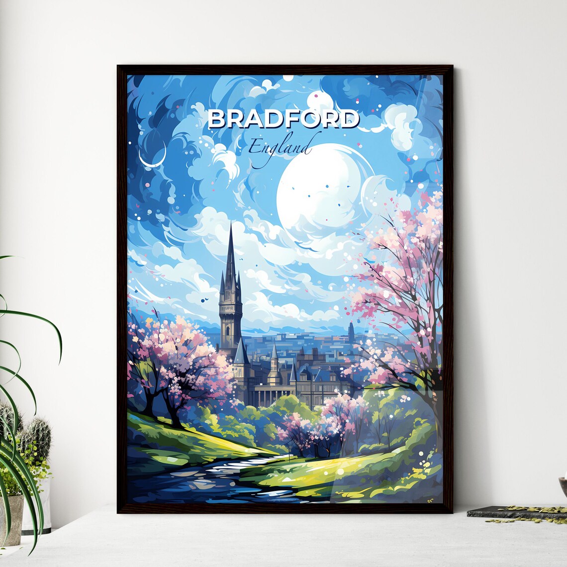 Bradford England Church Spire Spring Blossom Travel View Poster