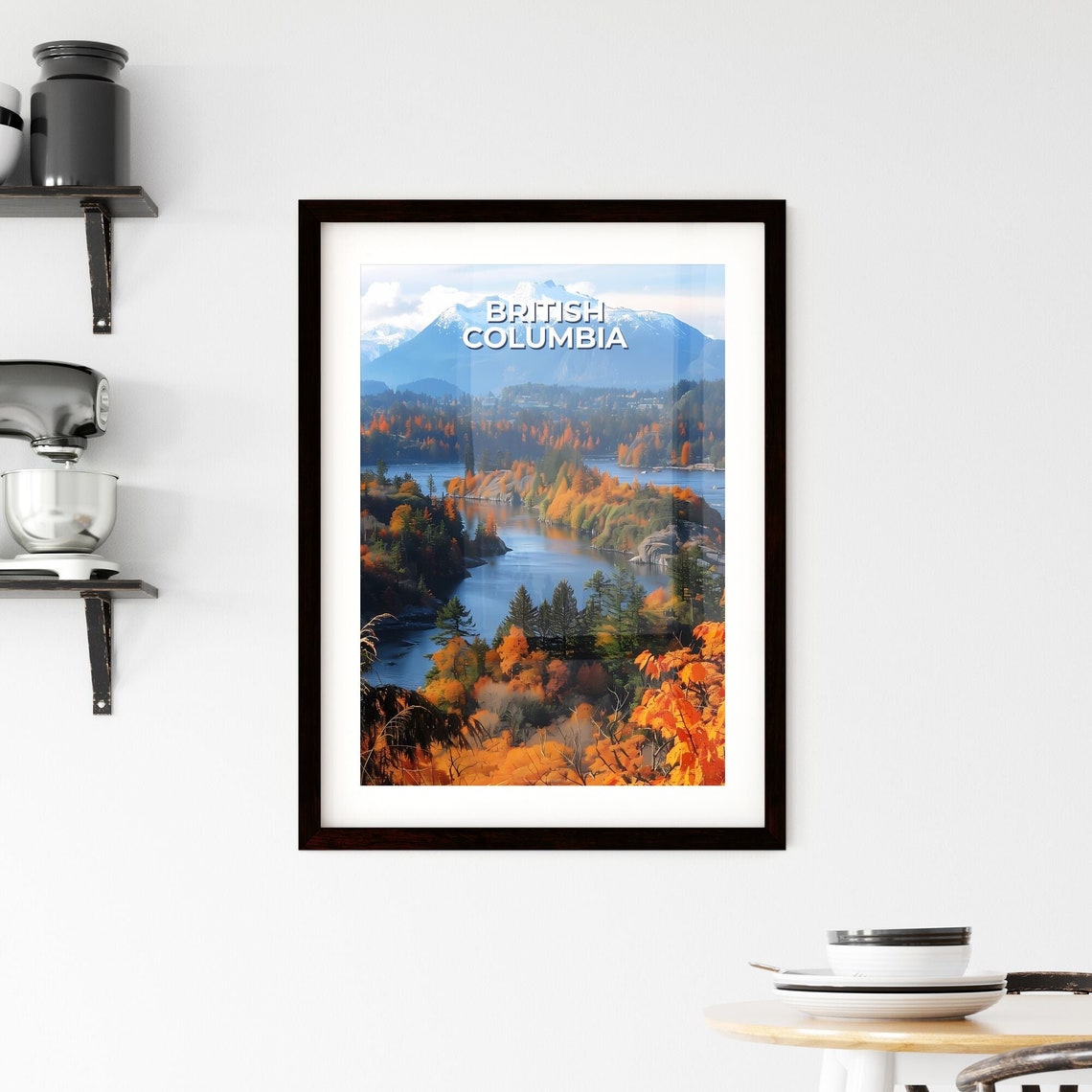 British Columbia Autumn River Snow Capped Mountain Travel Poster - Image 2