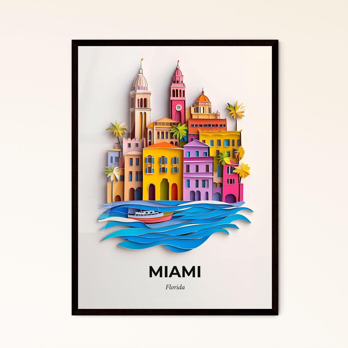 Miami Florida 3D Paper Cut Colorful Waterfront Palm City Art Poster