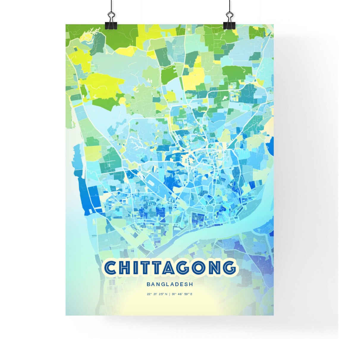Chittagong Bangladesh Pastel Blue City Map Art with Coordinates Poster - Image 3
