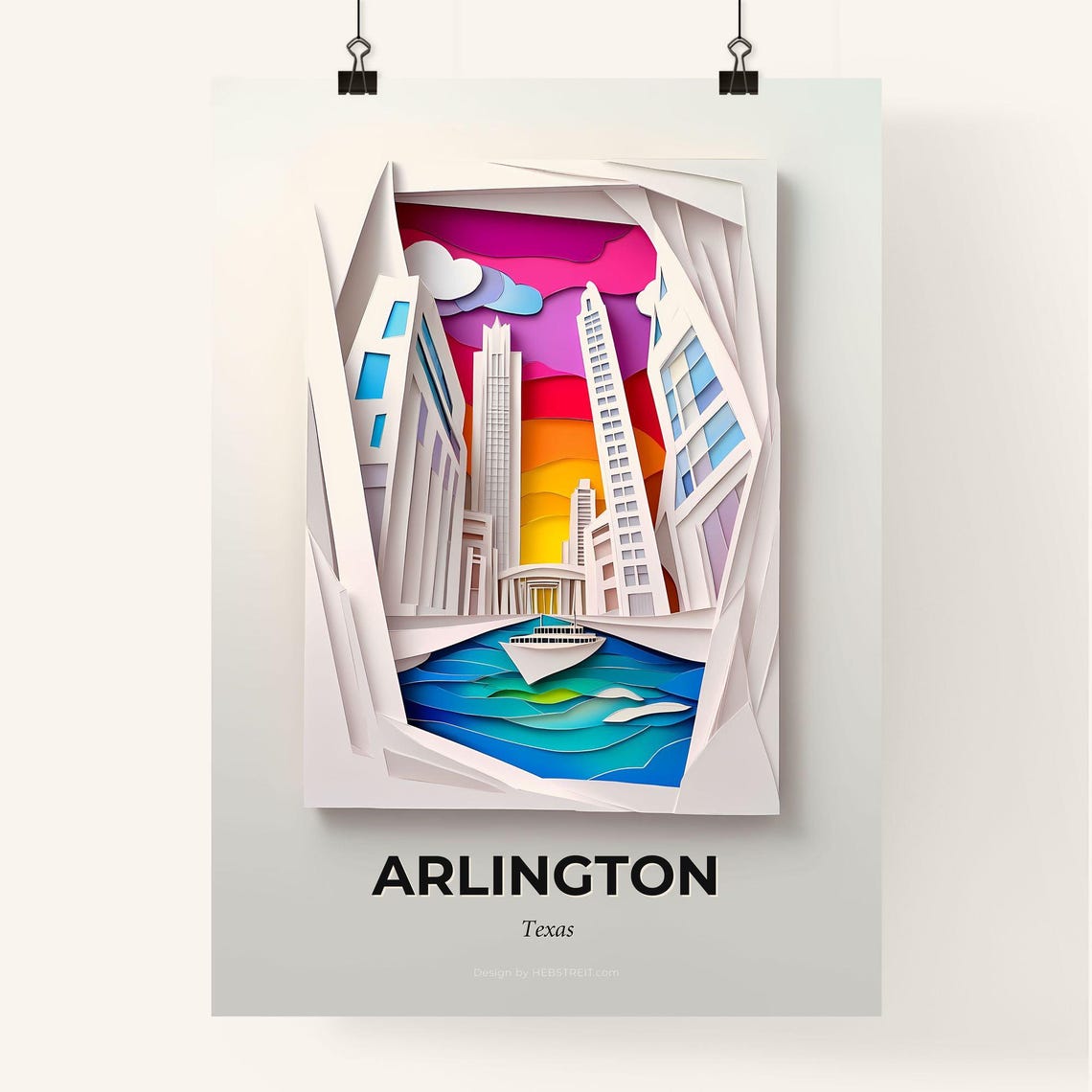 Arlington Texas Sunset Skyline 3D Paper Cut Cityscape Art Poster - Image 4