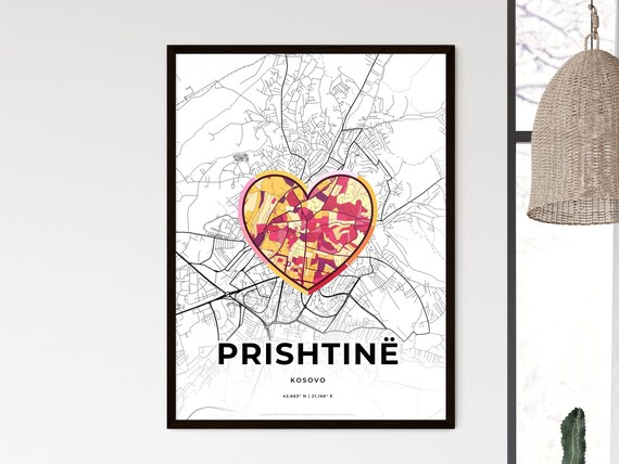 Pristina Kosovo Minimalist Line Art Heart Shaped City Map Poster