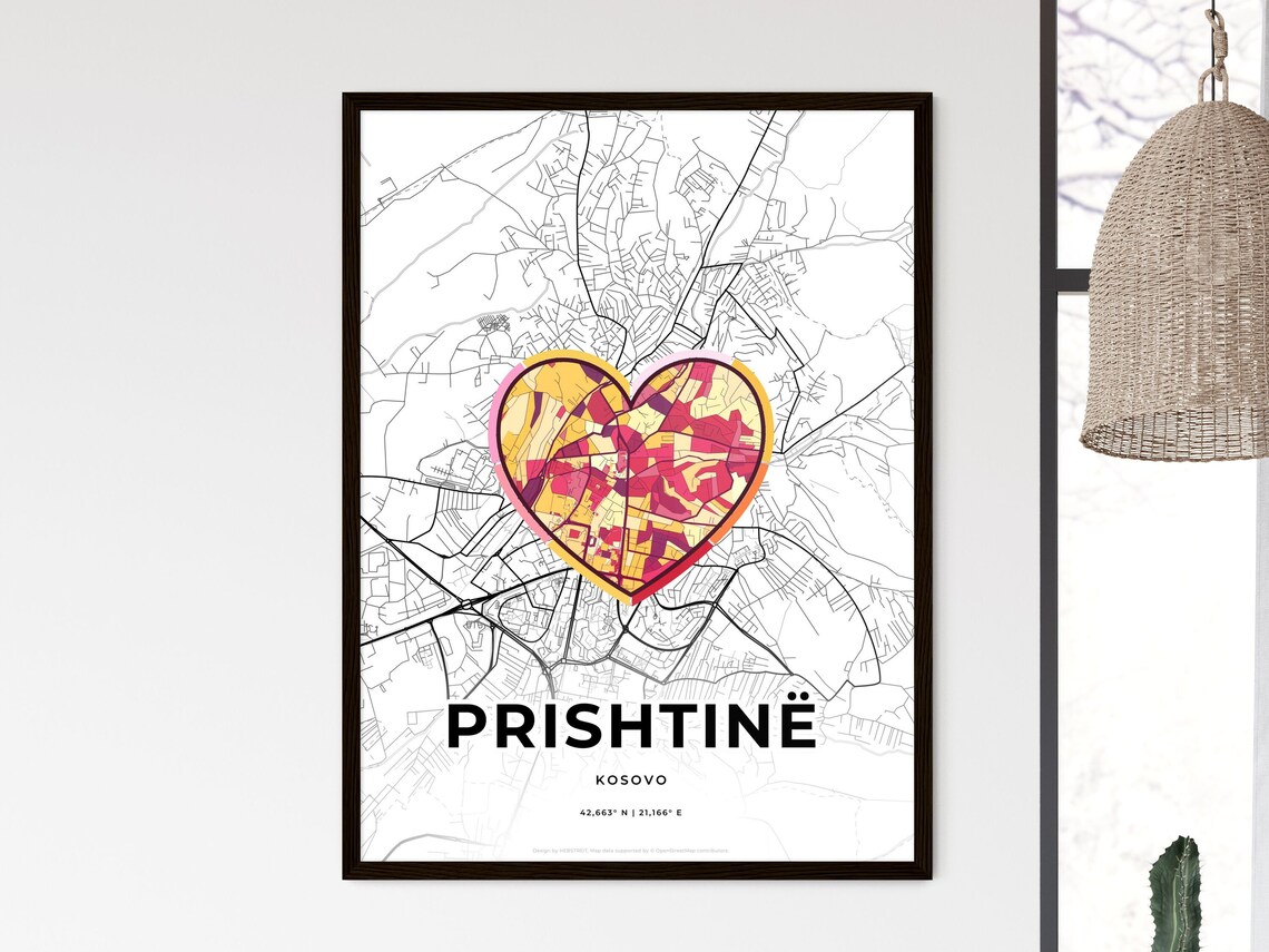 Pristina Kosovo Minimalist Line Art Heart Shaped City Map Poster
