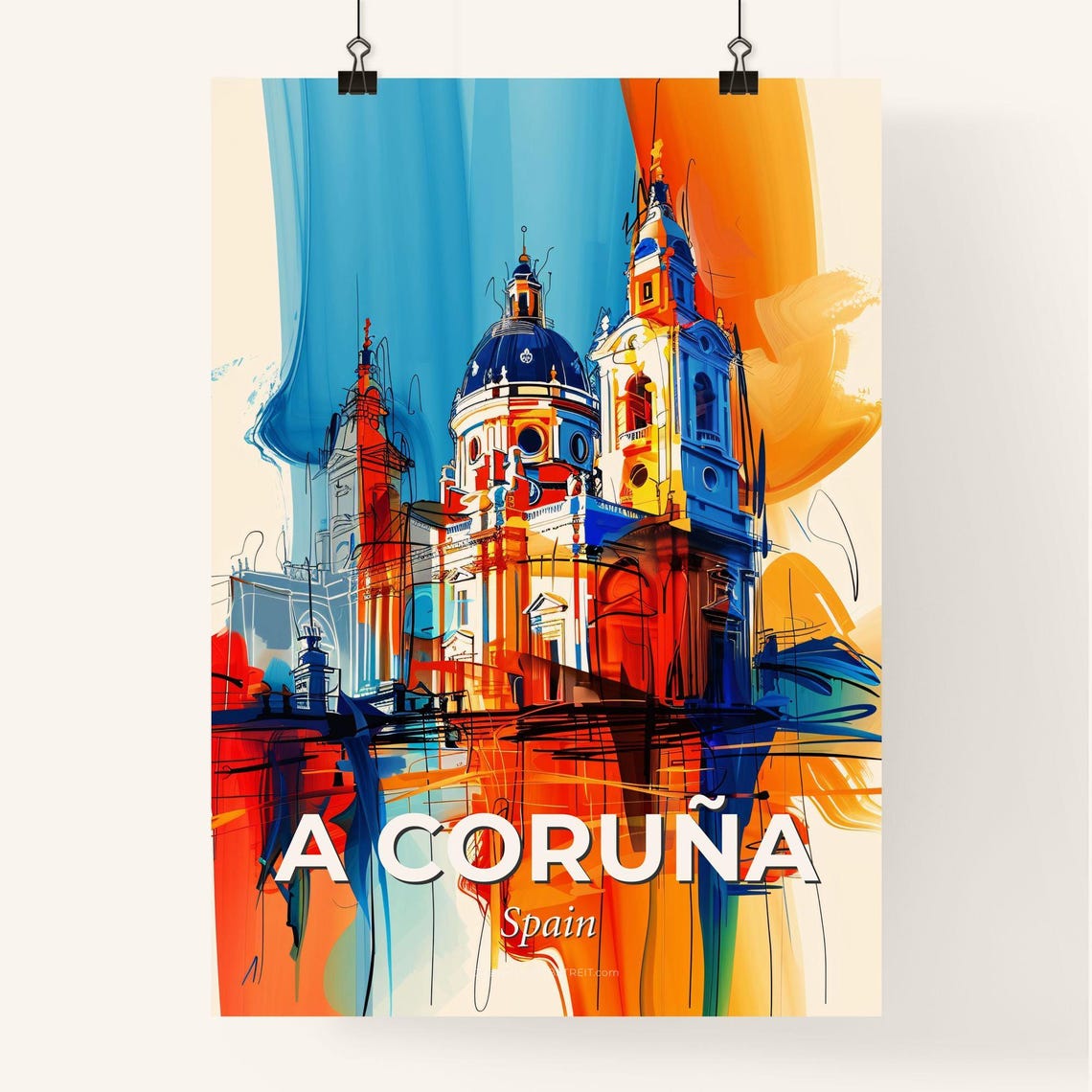 A Coruna Spain Colorful Abstract Blue Dome Cathedral Art Poster - Image 4