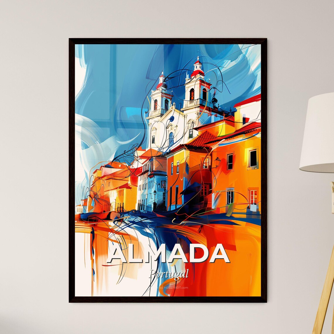 Almada Portugal Abstract Church Town Vivid Painting Art Poster