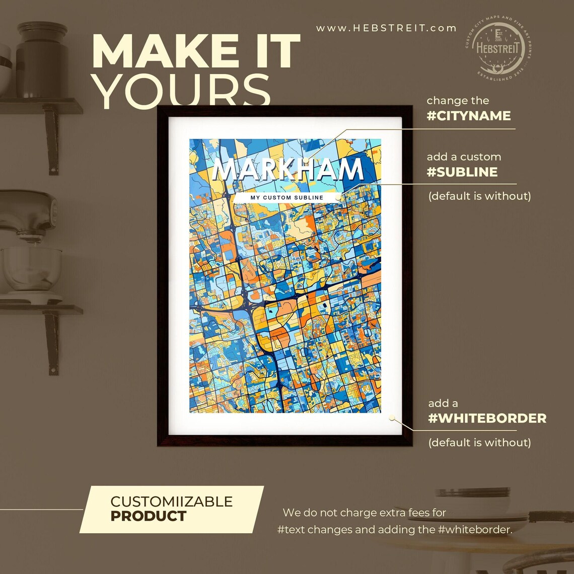 Markham Canada Bold City Map Art Poster in Navy Orange and Yellow - Image 2