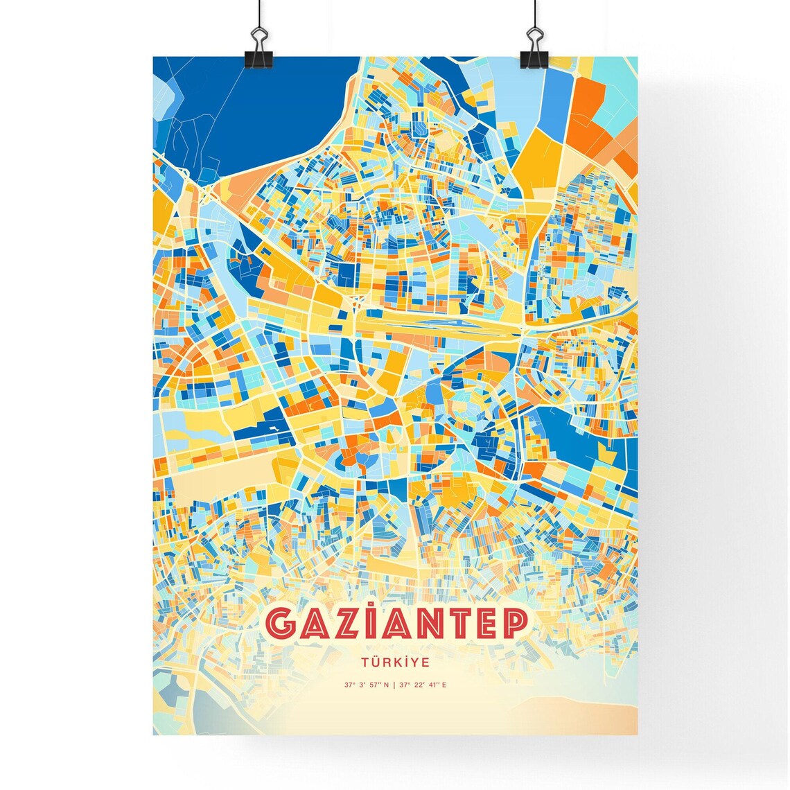 Gaziantep Turkey Colorful Blue and Orange Retro City Street Map Wall Art