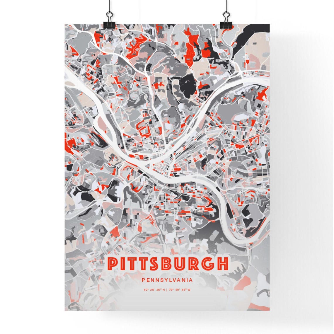 Pittsburgh Pennsylvania Bold Red and Gray Modern City Map Poster - Image 3