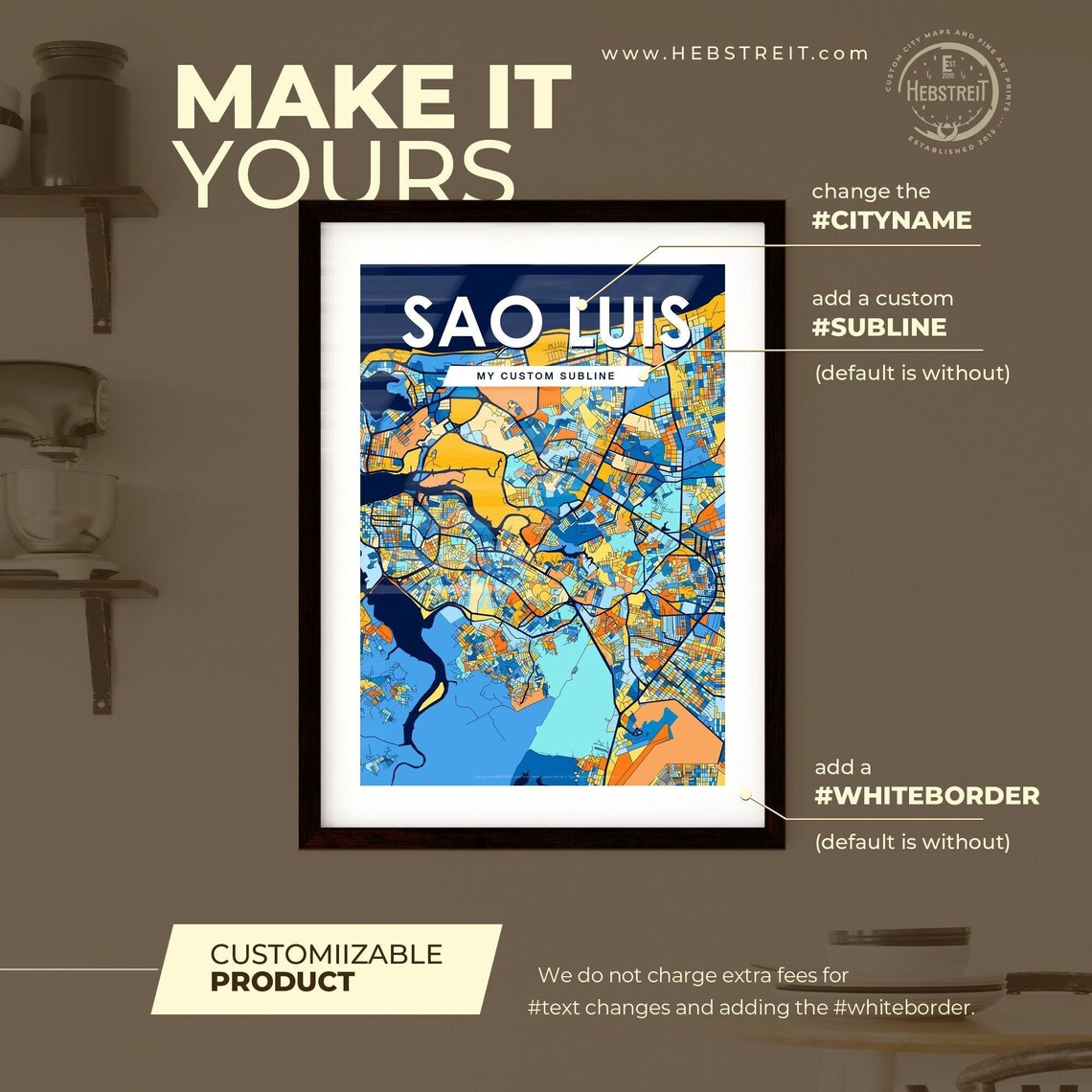 Sao Luis Brazil Bold City Map Art Poster in Navy Orange and Yellow - Image 2