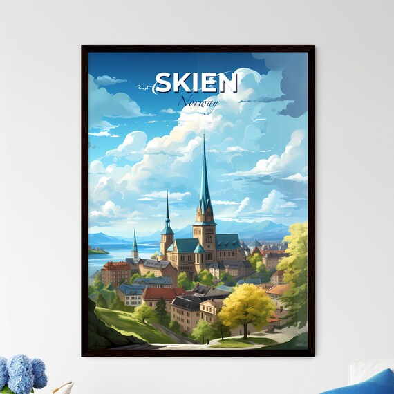 Skien Norway Church Spire Illustrated Scenic Vintage Travel Poster