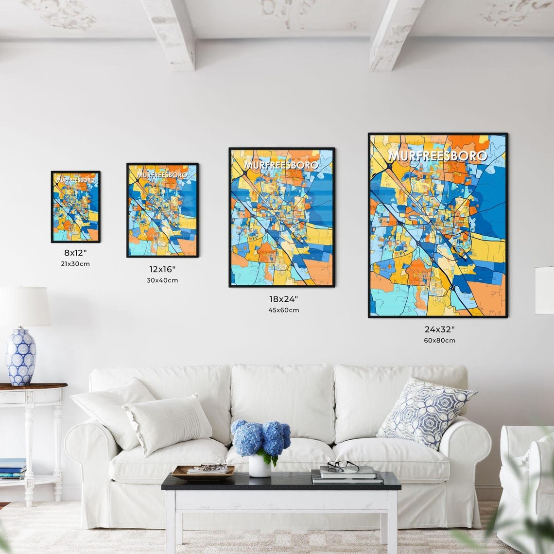 Murfreesboro Tennessee Bold Blue and Orange City Map Decor Poster - Image 3