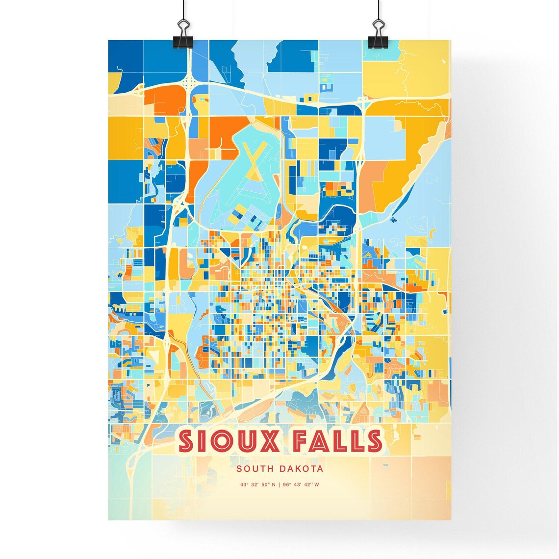 Sioux Falls South Dakota Colorful Blue Orange City Map Art Poster - Image 3