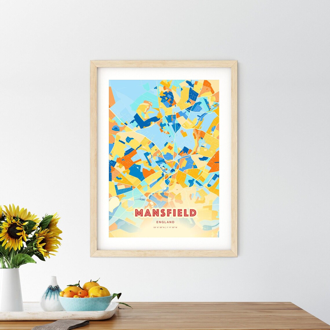 Bold Blue Orange Street Map Art Poster of Mansfield England City - Image 2