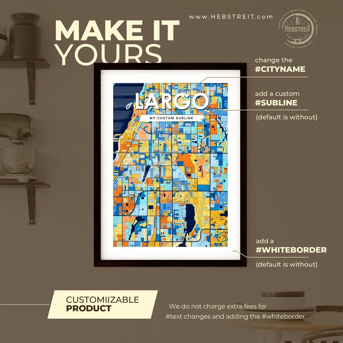 Largo Florida Vibrant Blue Orange Mosaic City Street Map Poster - Image 2