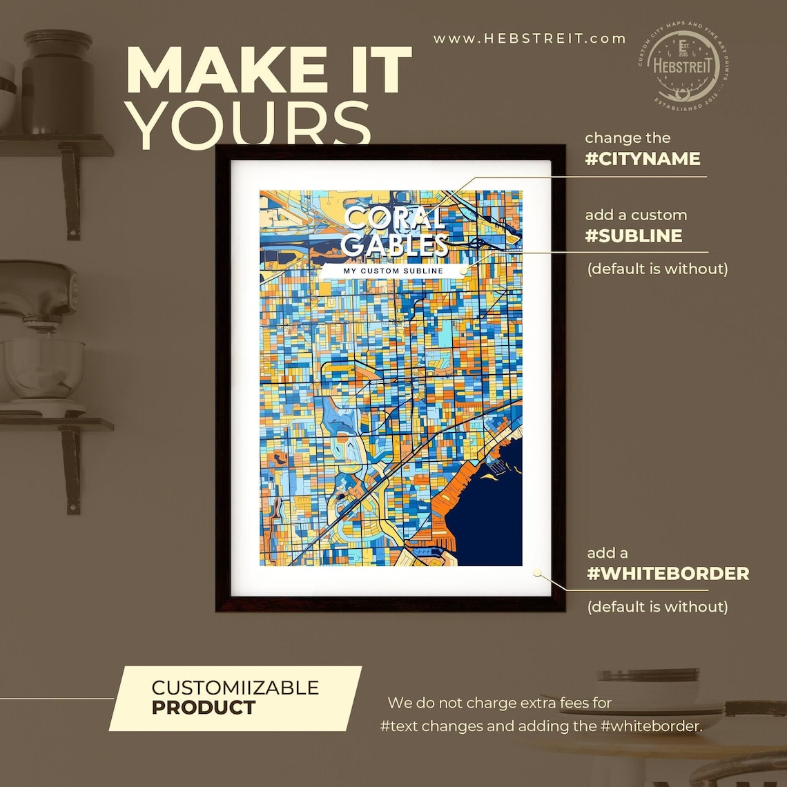 Coral Gables Florida Vibrant Blue and Orange City Map Poster - Image 2