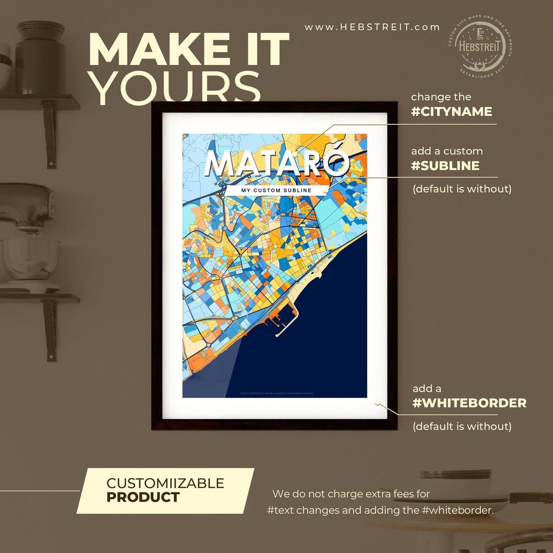 Mataró Spain Bold Geometric City Map Art Poster in Blue and Orange - Image 2