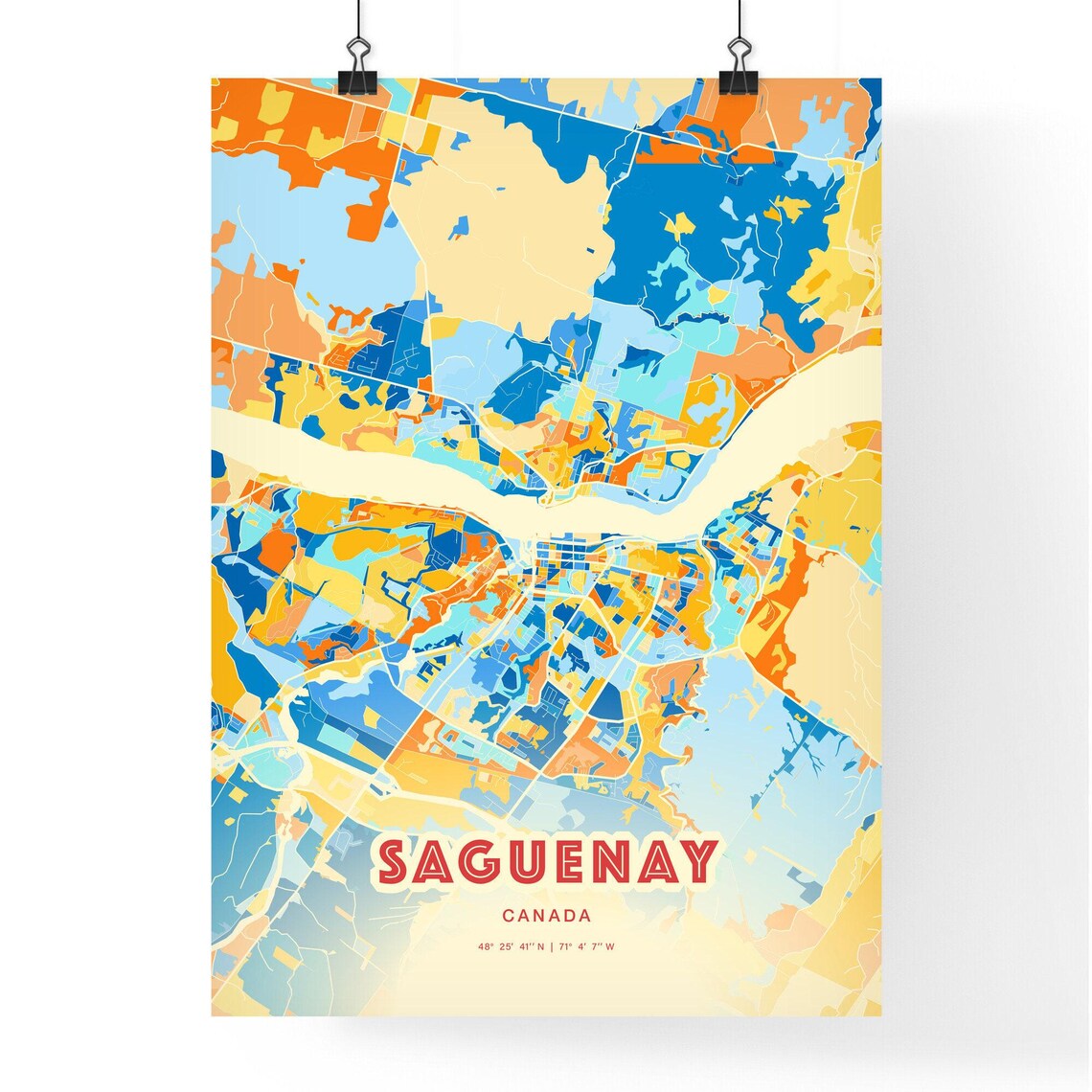 Saguenay Quebec Canada Colorful Blue Orange City Map Art Poster - Image 3