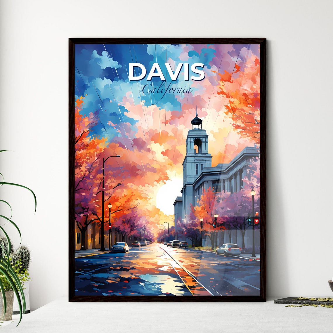 Davis California Sunset Street Bell Tower Autumn Trees Poster