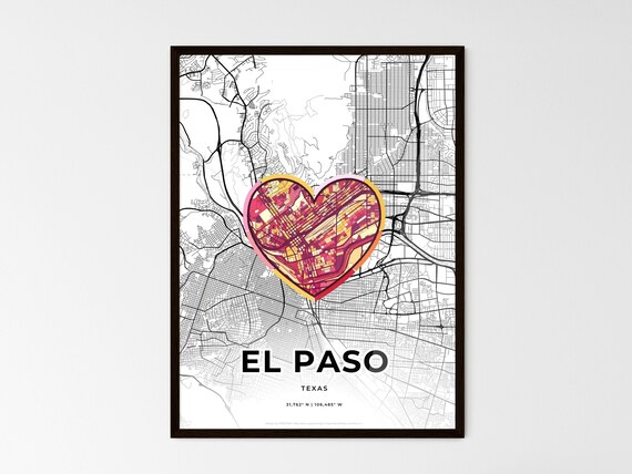 El Paso Texas Minimal Map Art With Colorful Heart Icon Poster