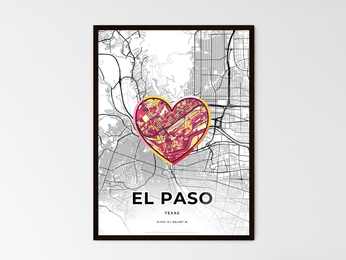 El Paso Texas Minimal Map Art With Colorful Heart Icon Poster