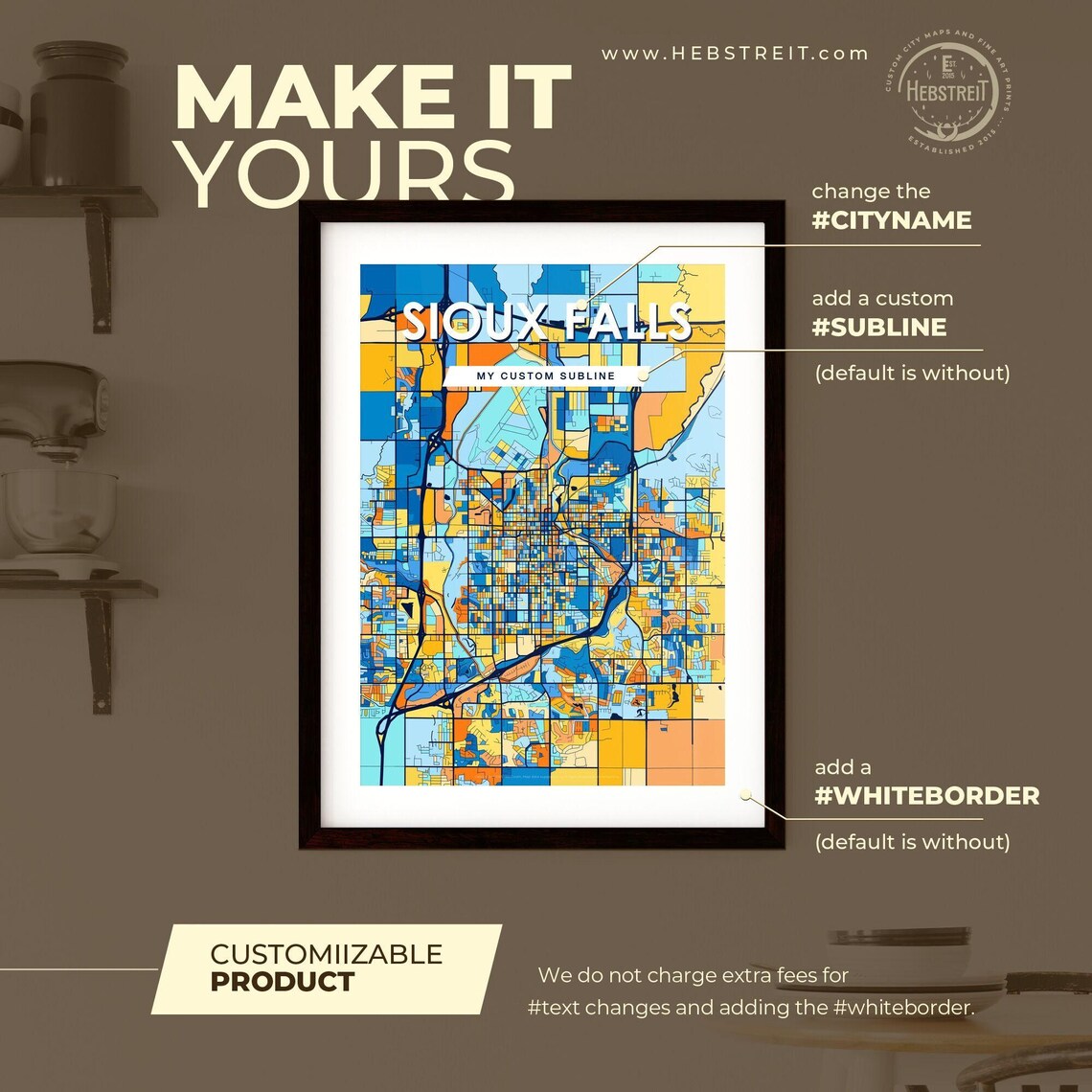 Sioux Falls City Map Art Print With Bold Blue Orange And Yellow Streets - Image 2