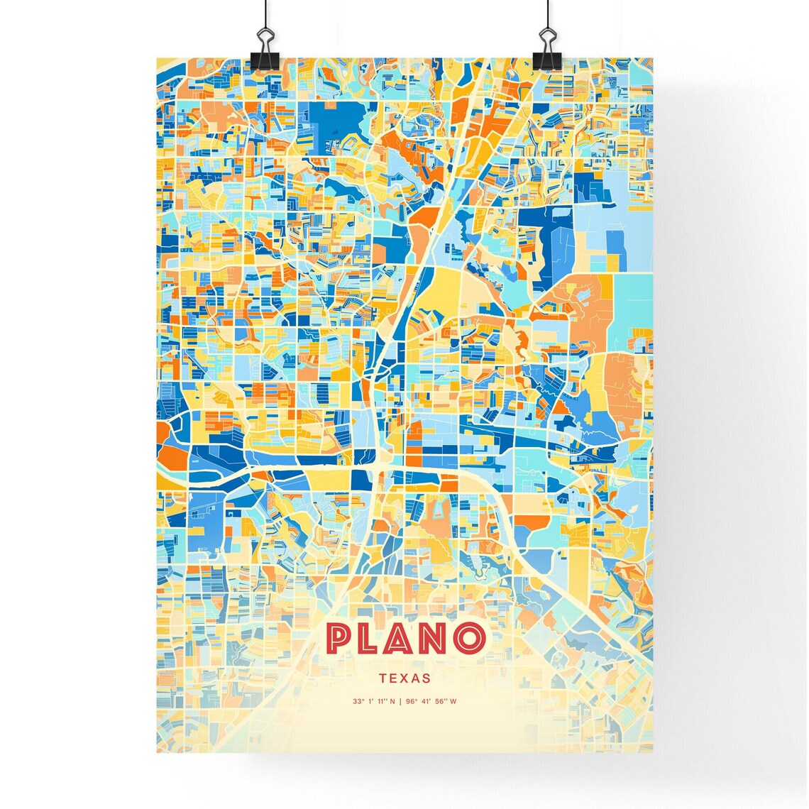 Plano Texas Colorful Blue Orange City Street Map Coordinates Poster - Image 3