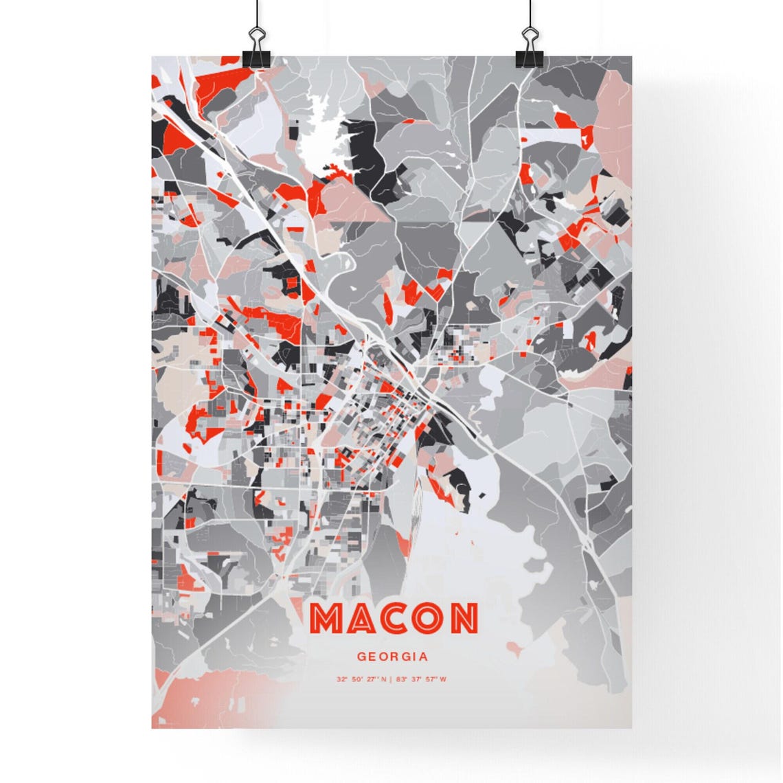 Macon Georgia City Map Art Modern Red Gray Coordinate Decor Poster - Image 3