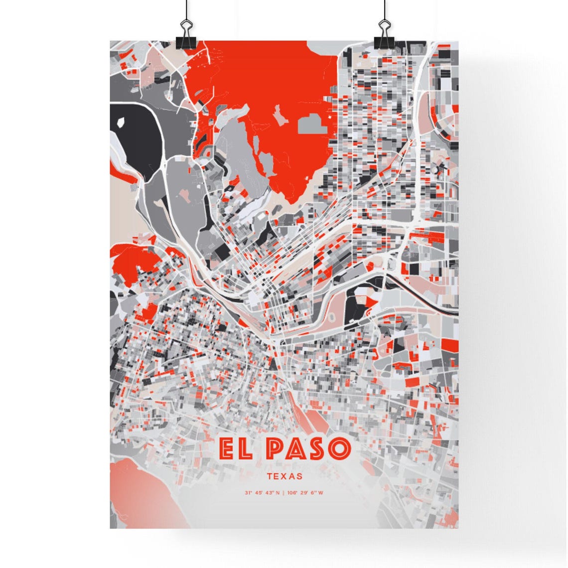 El Paso Texas Expressive Red and Black City Map Artwork Poster - Image 3