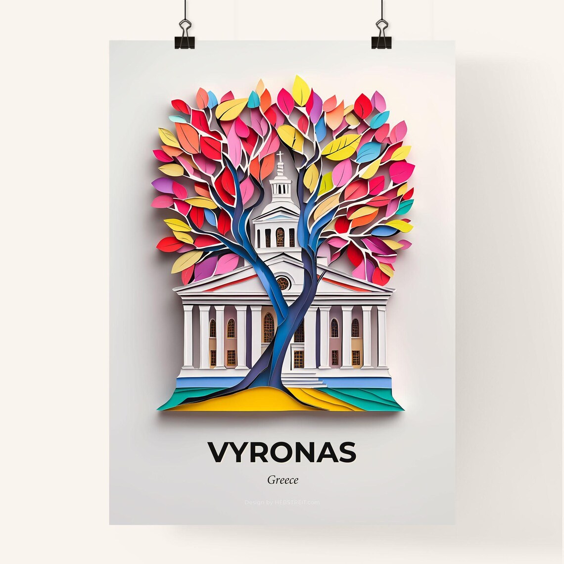 Vyronas Greece White Church Vivid Rainbow Tree Paper Cut Poster - Image 4