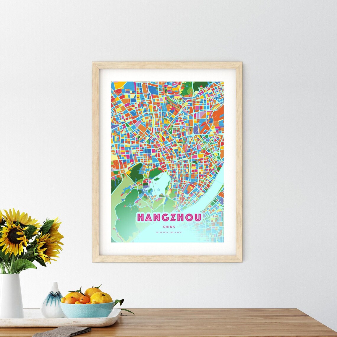 Hangzhou China Rainbow City Map Poster Vibrant Colorful Street Grid Art - Image 2