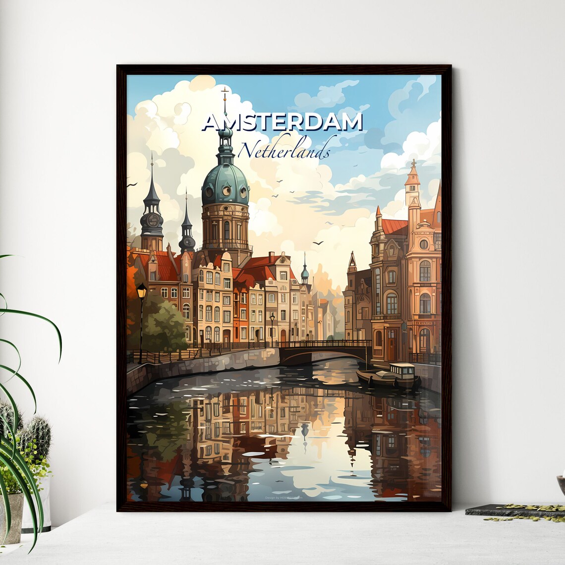 Amsterdam Netherlands Canal Travel Poster Historic City Reflection Art