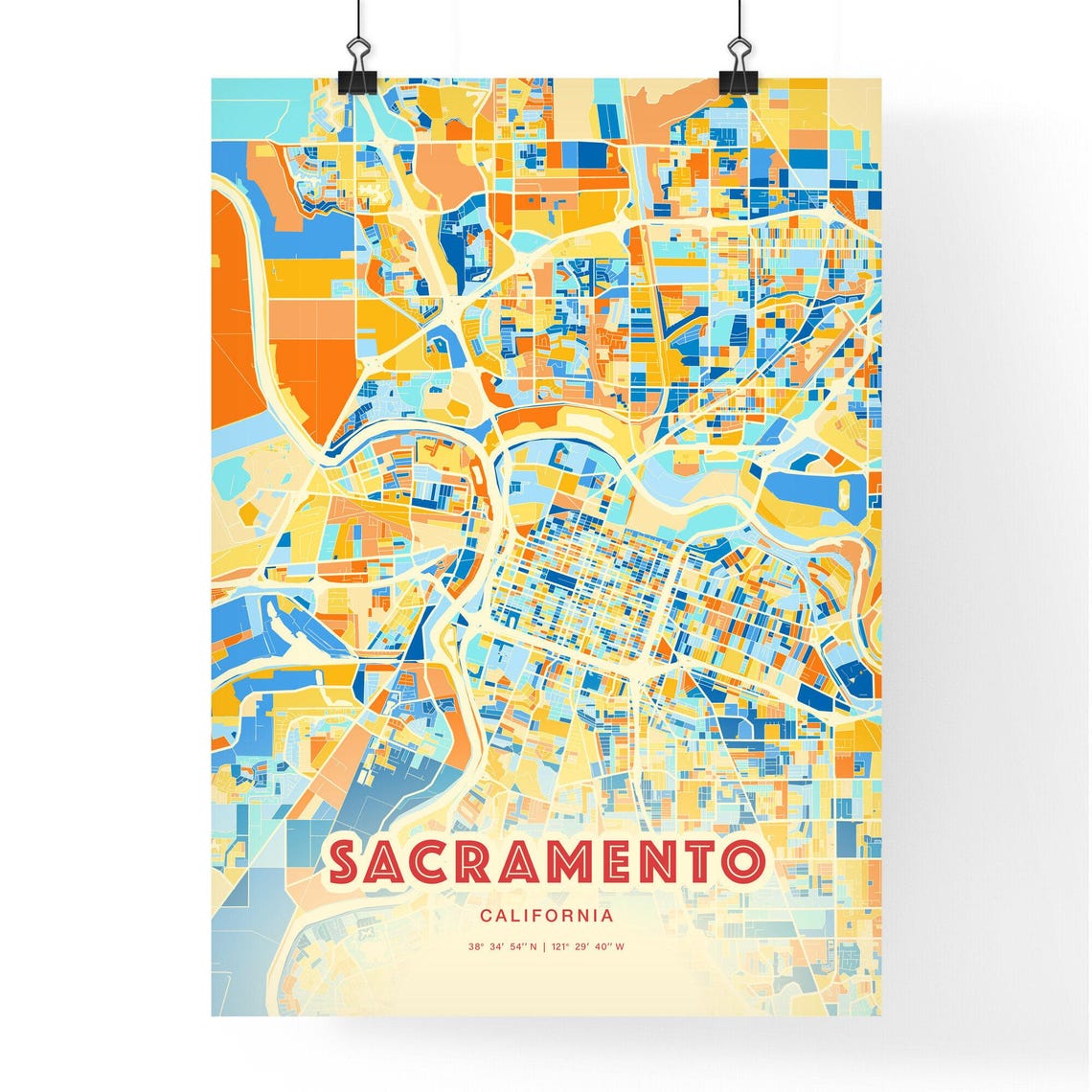 Sacramento California Blue Orange Riverfront City Map Art Poster - Image 3