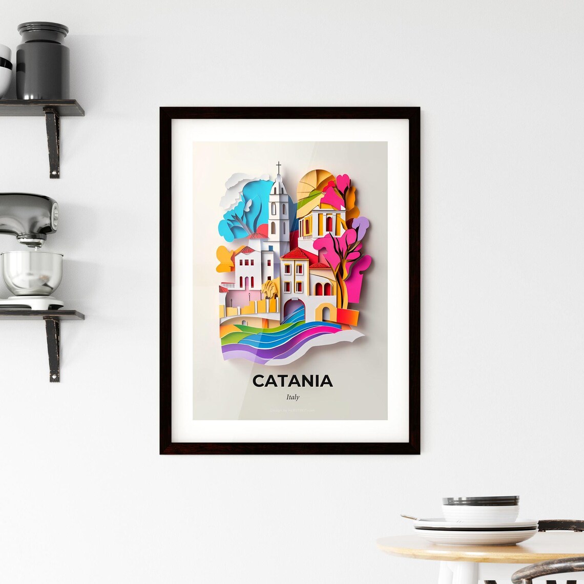 Catania Italy Colorful Paper Cut Church and Rainbow Waves Poster - Image 2