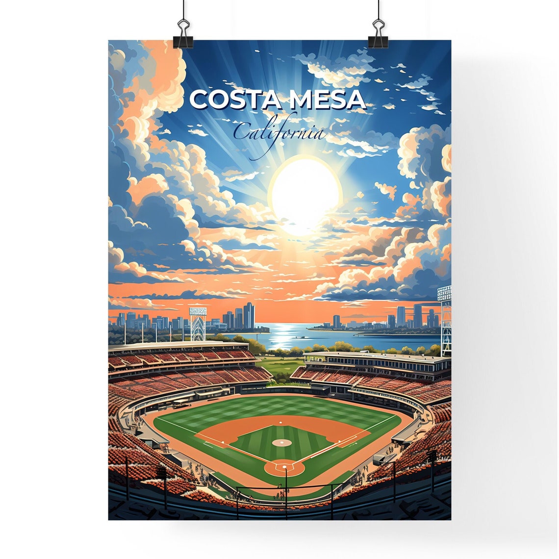 Costa Mesa California Baseball Stadium Skyline Sunset Travel Poster - Image 4