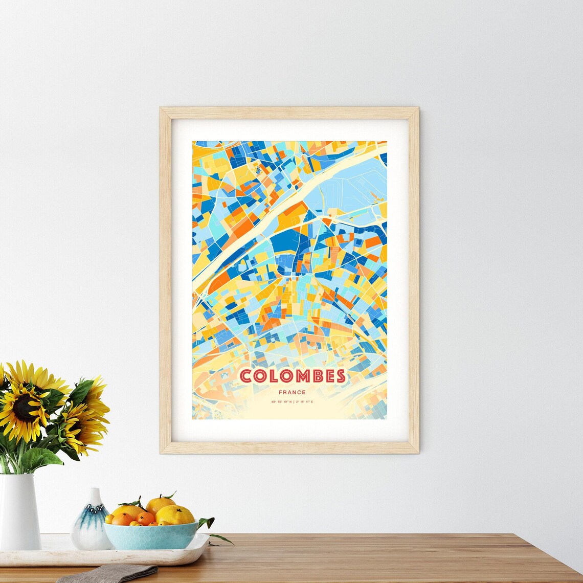 Colombes France Colorful Blue Orange Map Art Poster Wall Decor - Image 2