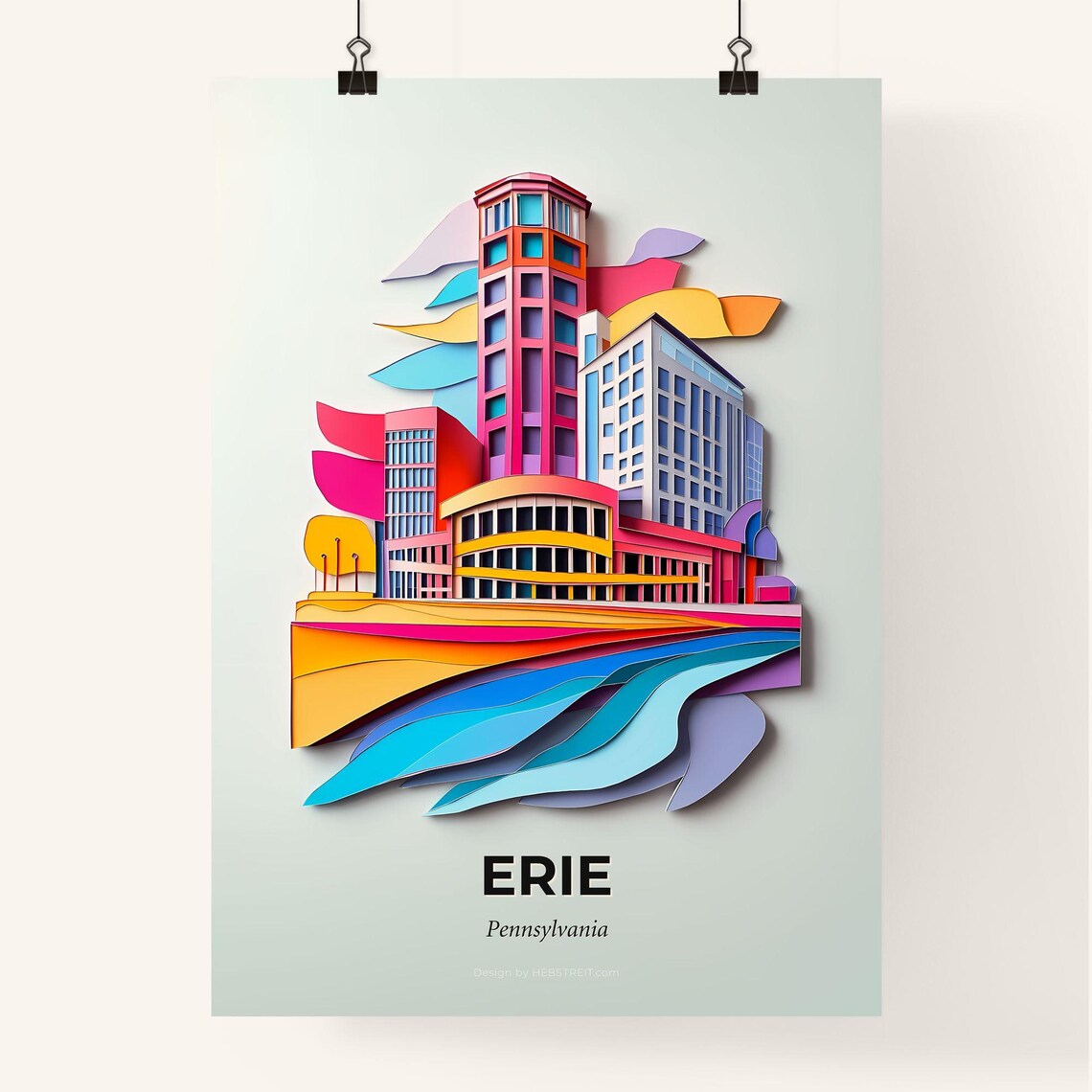 Erie Pennsylvania Colorful Paper Cut Lake City Skyline Poster - Image 4