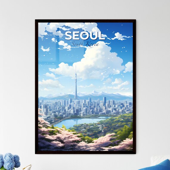 Seoul South Korea Travel Poster Cherry Blossom Lake Mountain Skyline Art